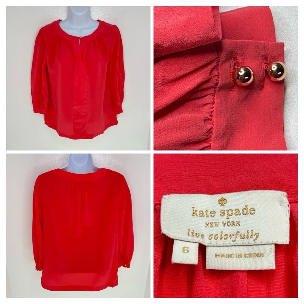 Kate Spade New York Silk Blouse Red Size 6 Gold Button Keyhole 3/4 Sleeve Office